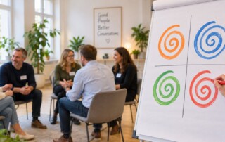 Seminarraum mit Tageslicht: Eine Trainerin zeichnet auf einem Flipchart vier farbige Spiralen in orange, blau, grün und rot in vier Quadranten, im Hintergrund unterhalten sich Teilnehmende im Stuhlkreis.